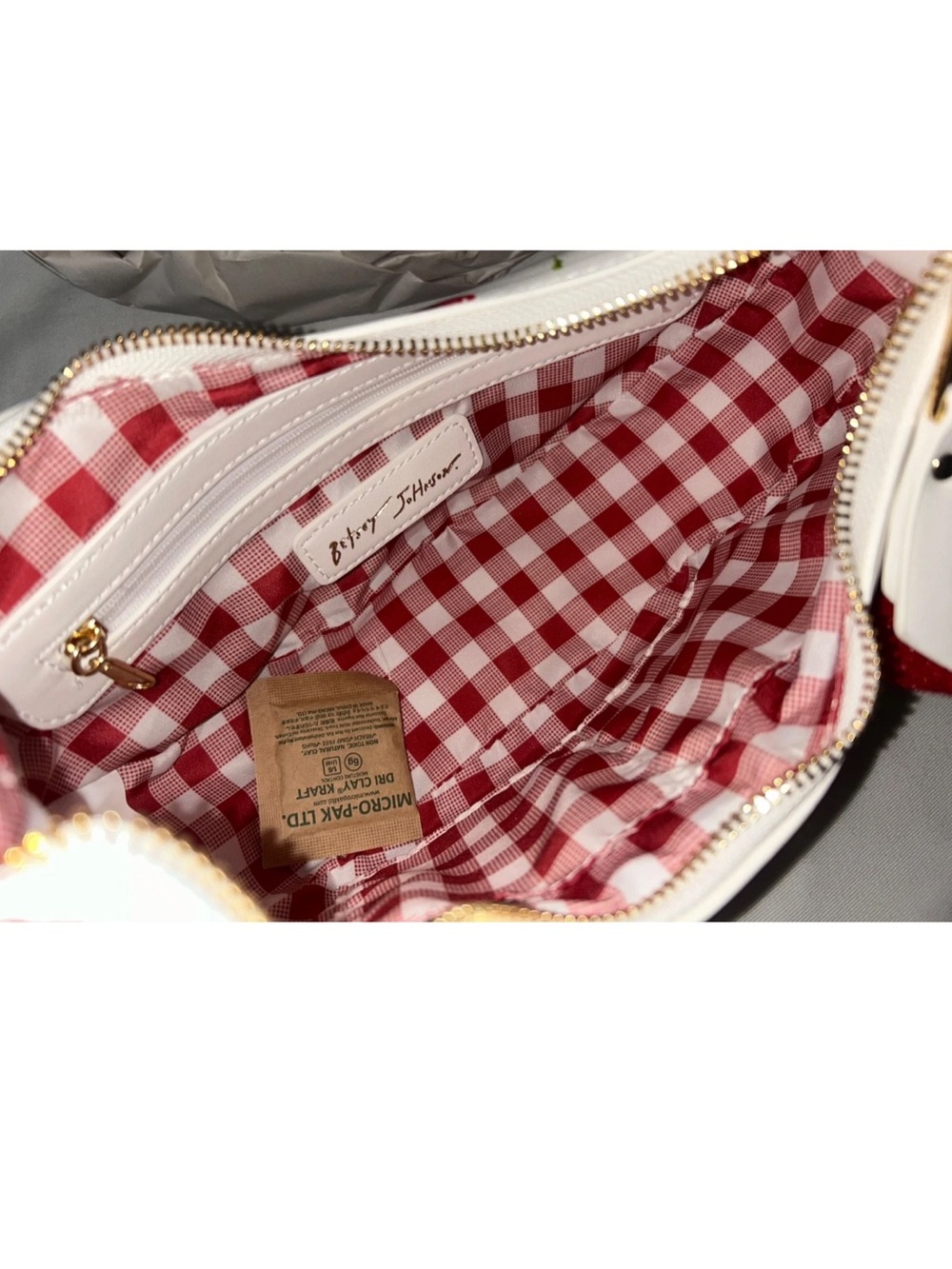 Betsey Johnson White Cherry Print Shoulder Bag with Red Pom Pom Accent - Picture 6 of 7